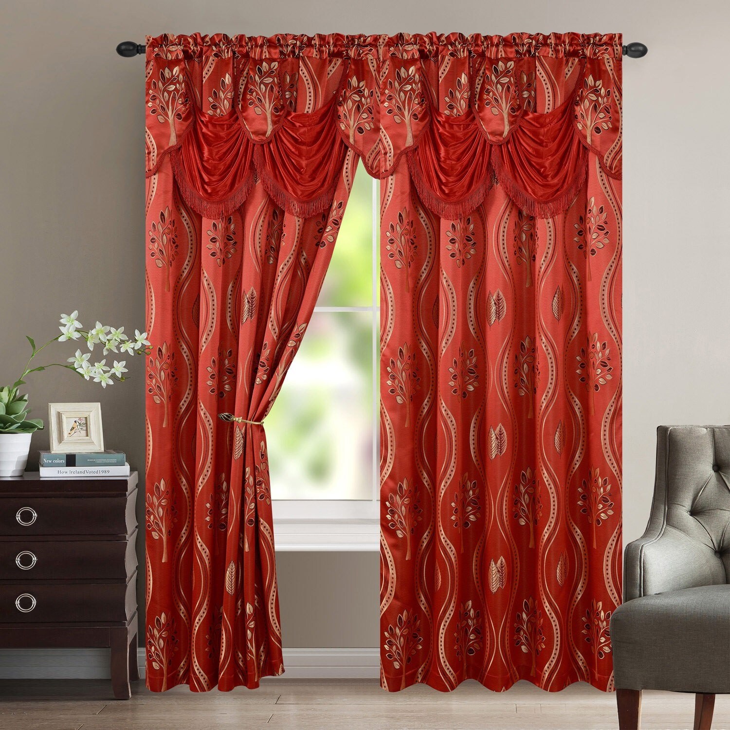 6 Pcs Victorian Sytle Curtain Set 2 Panels Attached Valance & Backing BURGUNDY 