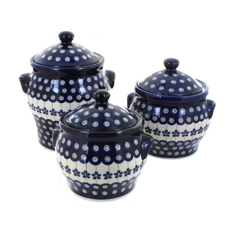 Blue Rose Polish Pottery 1300 Zaklady Canister Set - Flowering Peacock