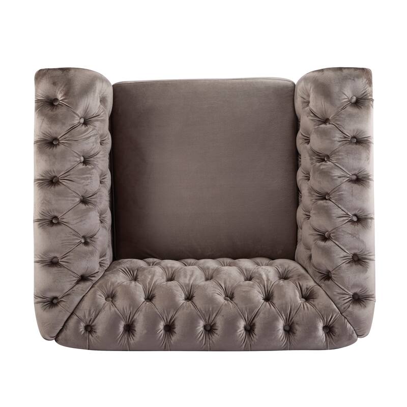 Roomfitters Tufted Club Chair with Deep Button Upholstery, Rolled Arm Design and Metal Stud Trim, Light Brown