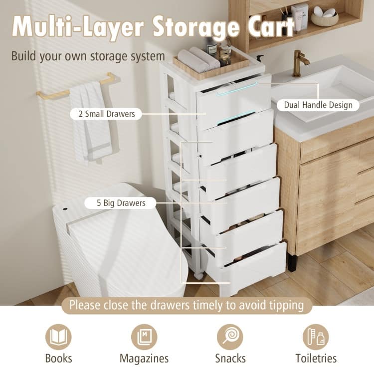 Multi-Drawer White PP Mobile Storage Organizer with Locking Wheels for Bathroom or Kids Room