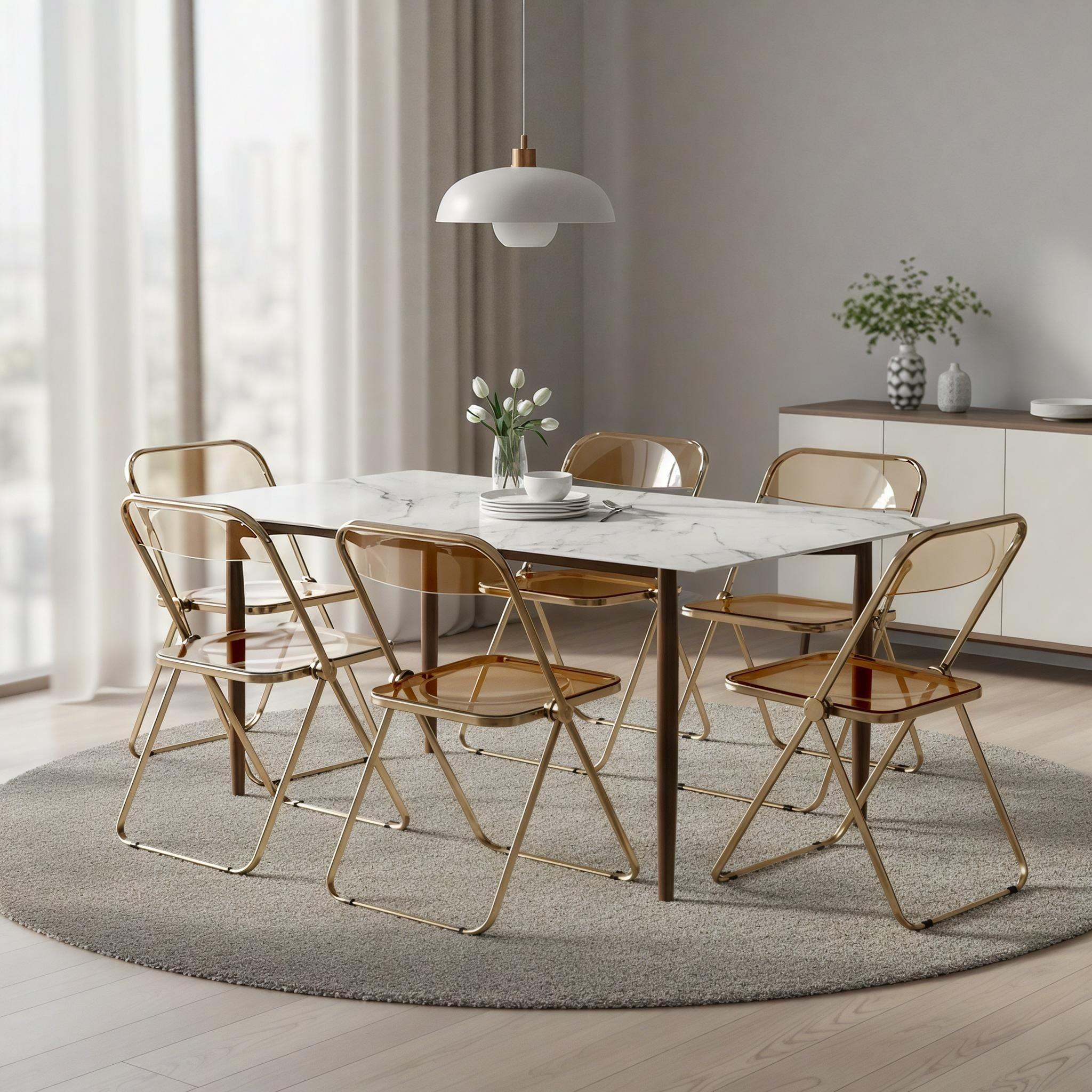 Lawrence (Set of 4) Modern Transparent Acrylic Folding Chair, Gold Frame Clear Dining Seat - Foldable Accent Side Chairs - 30"