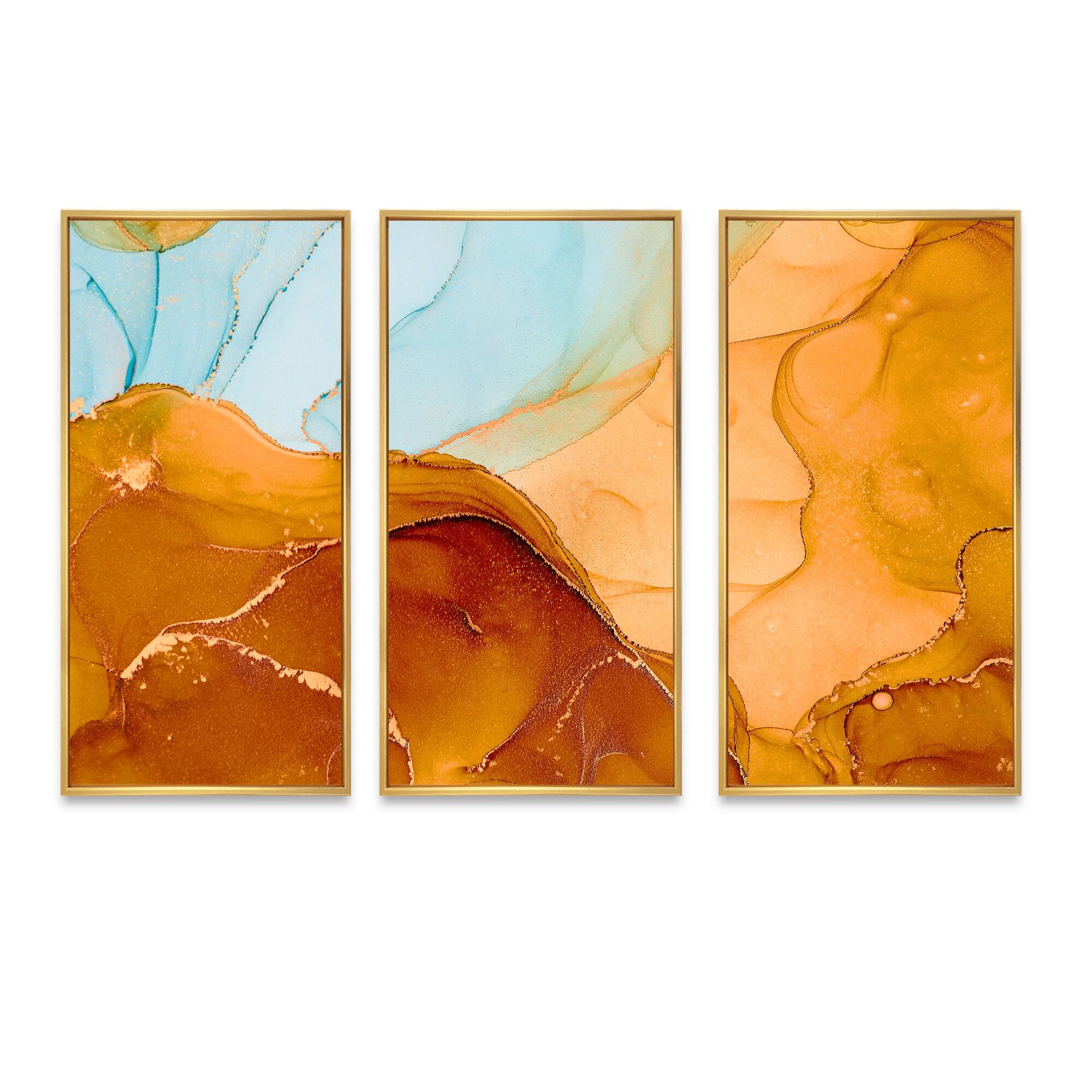 Designart "Blue And Brown Luxury Abstract Fluid Art VI" Modern Framed