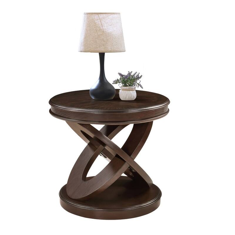 Retro Round Solid Wood End Table with X-Shape Base for Living Room Use
