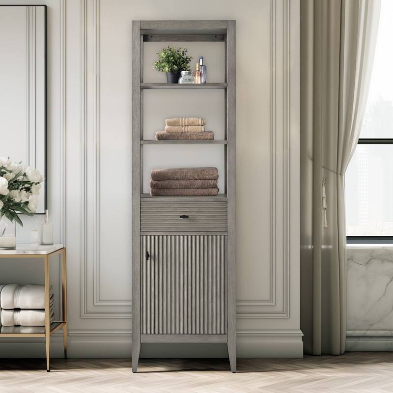 Vanity Art 72" Tall Tower Bathroom Linen Cabinet with Soft Close Door and Drawer - 21"/Matte Black Handle - Linear Driftwood Gray
