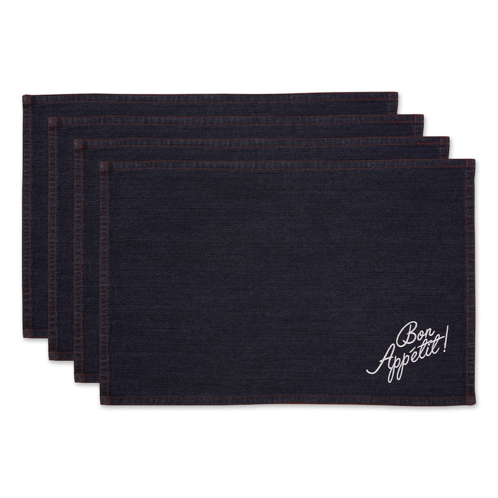 Embroidered Bon Appetit Denim Rectangular Placemats 19" Blue Set of 4