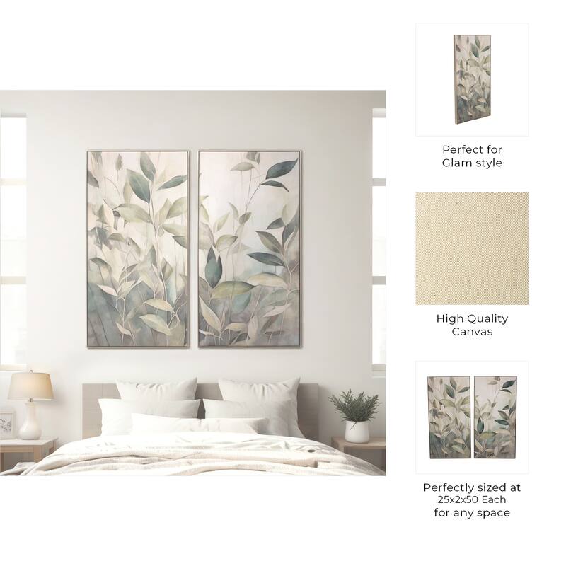 Wood Canvas Framed Art Modern Glam Leaf Design (Set of 2) - 50" Tan