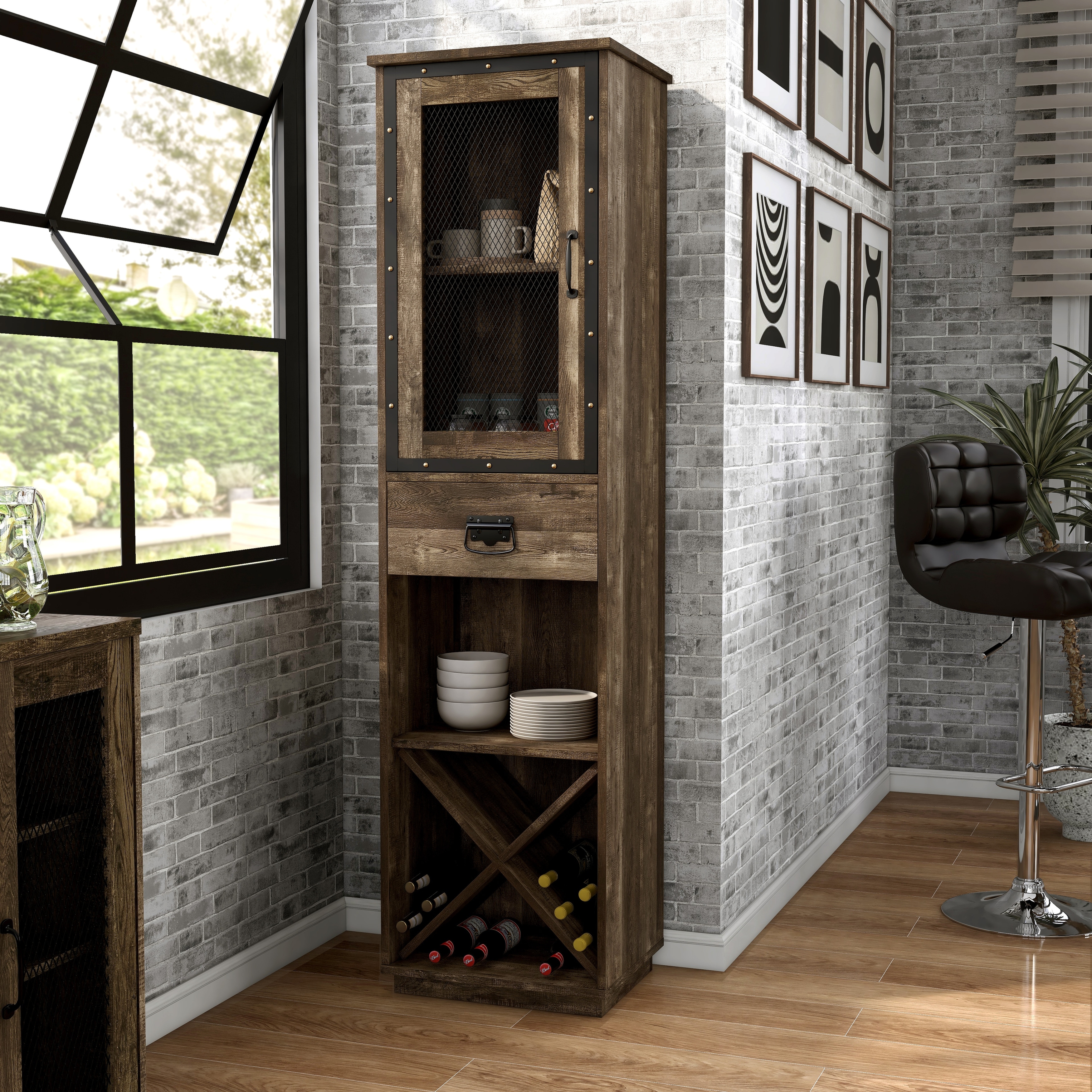 DH BASIC Industrial 3-shelf Tower Cabinet with Wine Bottle Storage