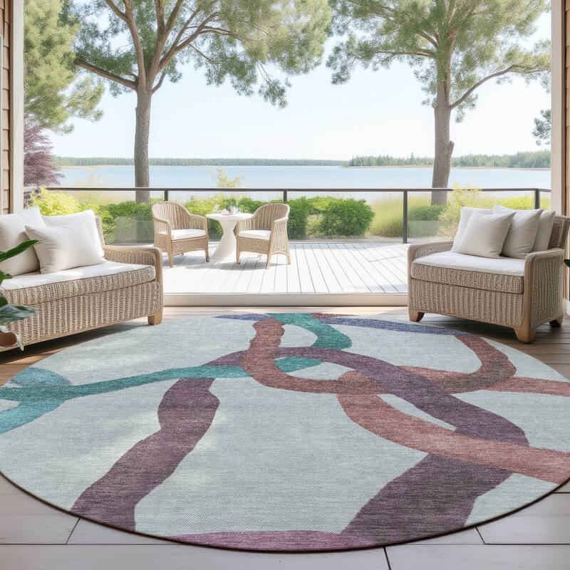 Machine Washable Indoor/ Outdoor Abstract Links Chantille Rug - Teal - 8' x 8'