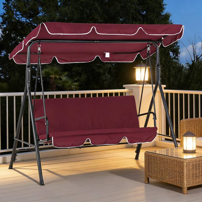 GDFStudio Outdoor Kael Steel Swing Bench with Adjustable Canopy and Cushions for Three - WINE RED