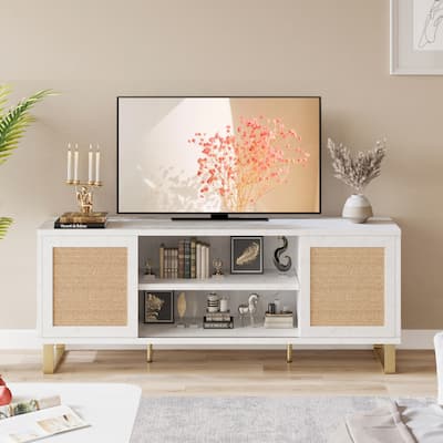 Ail TV Stand for 65 Inch TV Stand White Entertainment Center Modern TV Console Table Rattan Doors with Storage