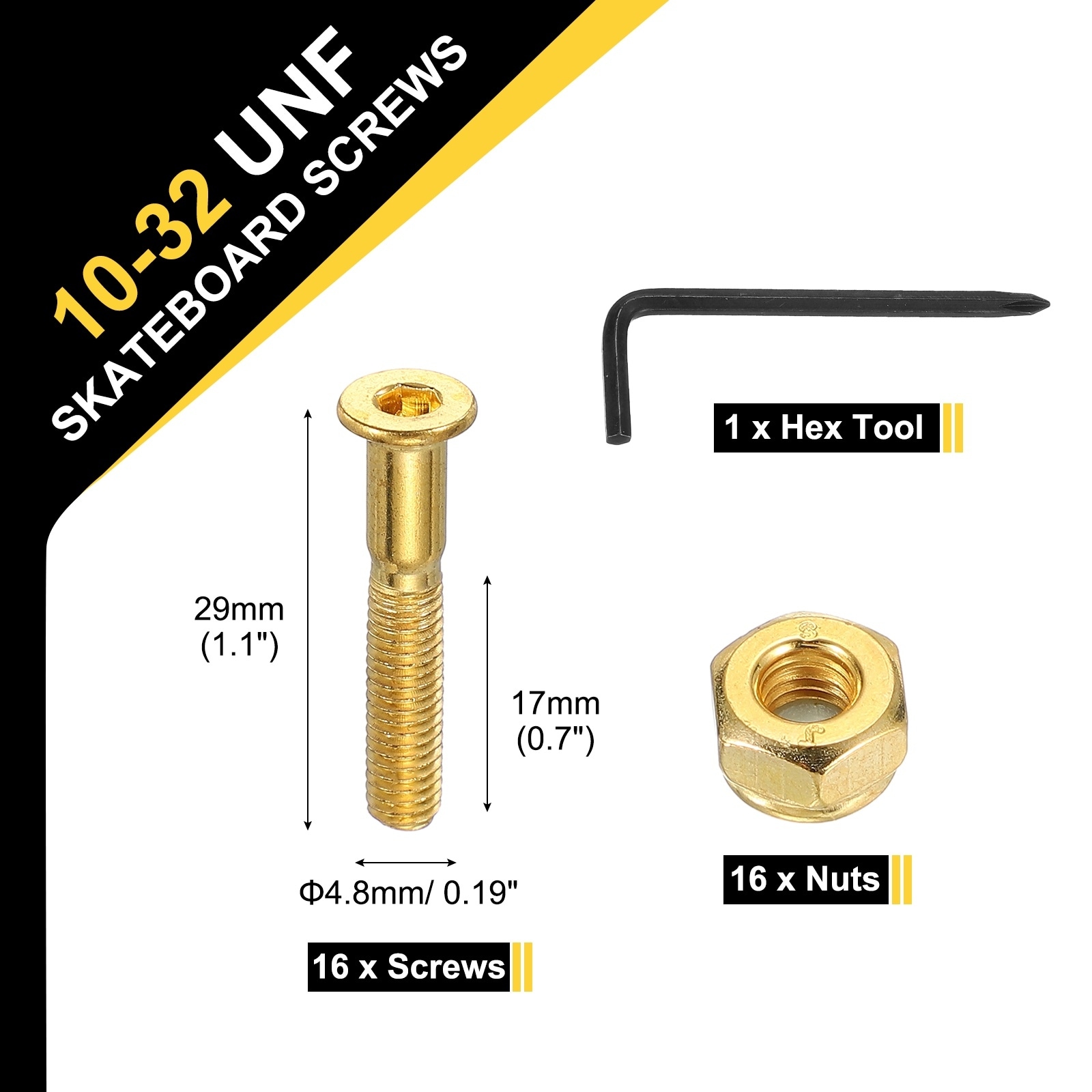 Skateboard Hardware Kit, Mounting Screw Bolts Nuts Set with Hex Key for Skateboard Cruiser