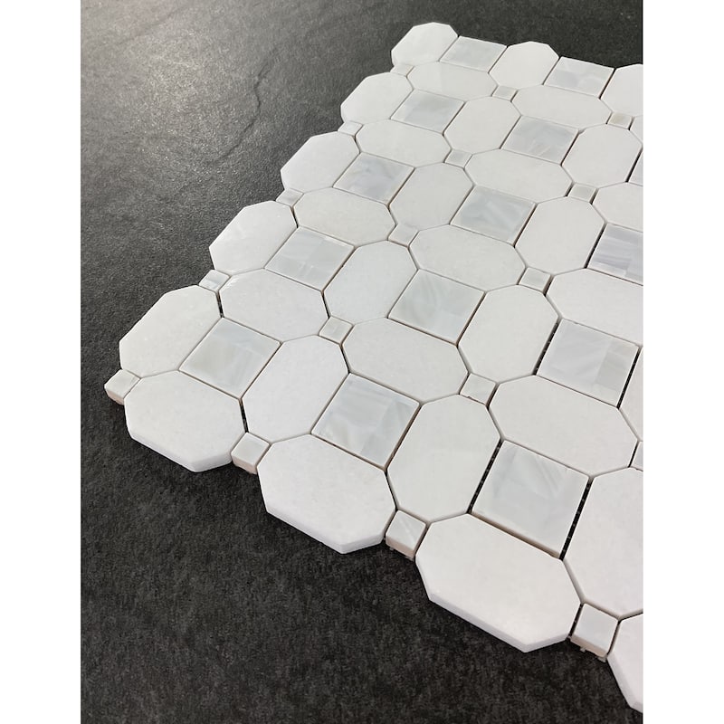 Thassos White Marble Octagon Mosaic Tile With Mother Of Pearl Inlay - Case (10 Sheets)
