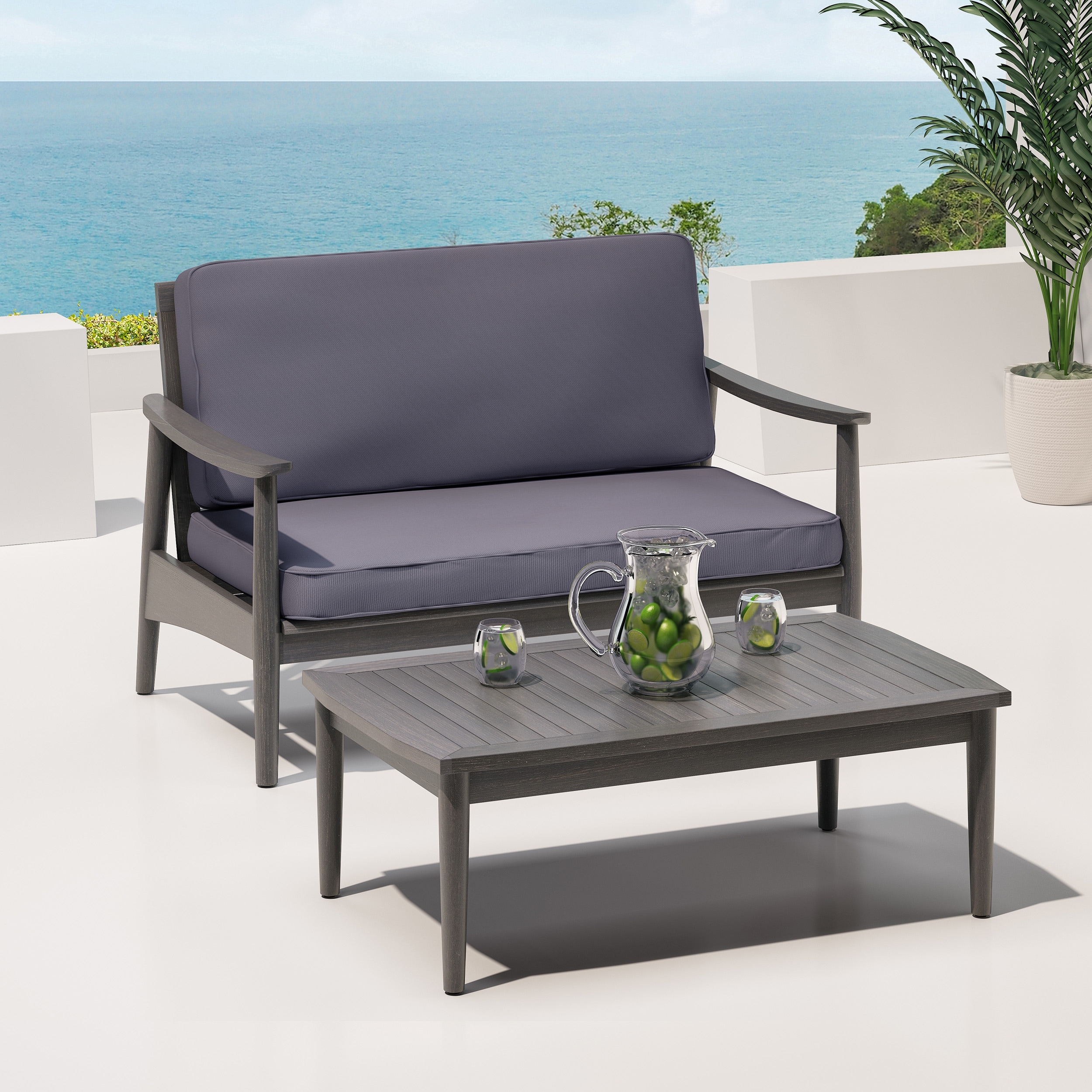 Dark Gray Patio Loveseat and Coffee Table Set with Cushion, Outdoor Conversation Set with Wood Frame for Backyard
