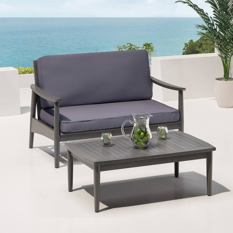 Patio Loveseat and Coffee Table Set, Patio Furniture Set with Cushion, Acacia Wood Frame Conversation Set