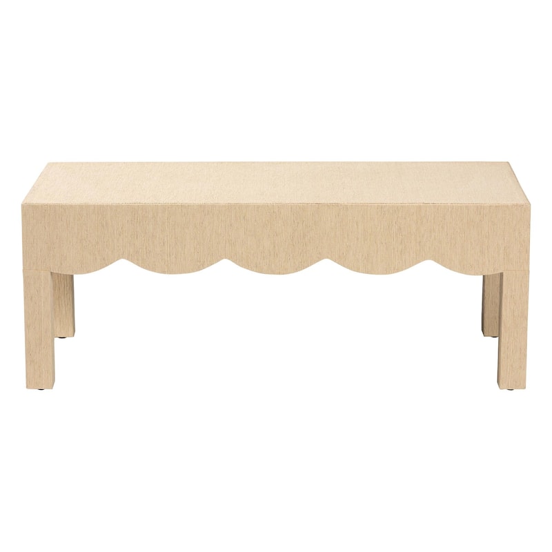 Mason Natural Grasscloth Coffee Table - Rectangular Accent Table with Scalloped Apron, Modern Coastal Living Room Centerpiece