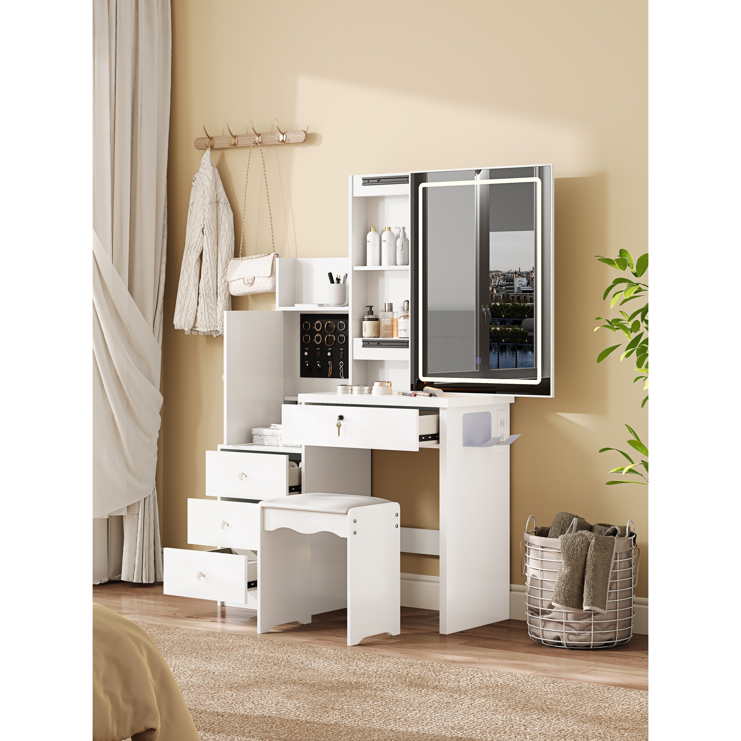 dressing table with mirror and stool white FUFU&GAGA 39.4 in. W LED Dimmable Dresser 5-Drawers, Storage Shelves The mirror can be rotated 360 degrees 39" Bedroom Dressing Table with