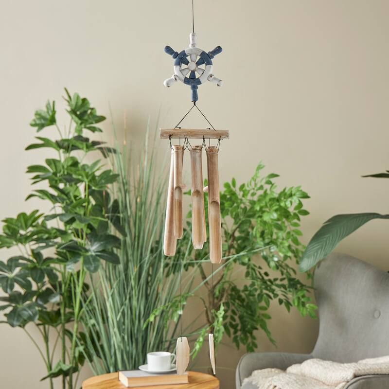 Blue Bamboo Wood Handmade Ship Wheel Indoor Outdoor Windchime with Log Chimes - Blue