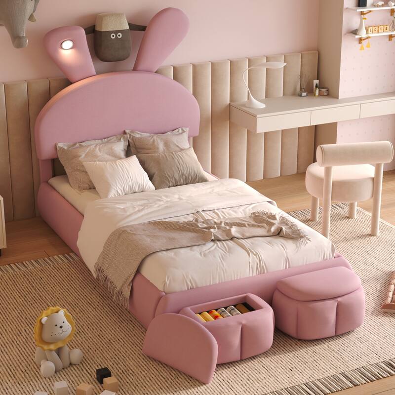 Twin Size Upholstered Platform Bed with Cartoon Ears Headboard and LED Light, Pink