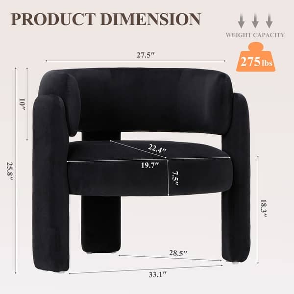 dimension image slide 3 of 4, 3-Leg Accent Chair Plush Velvet Upholstery Modern Lounge Armchair