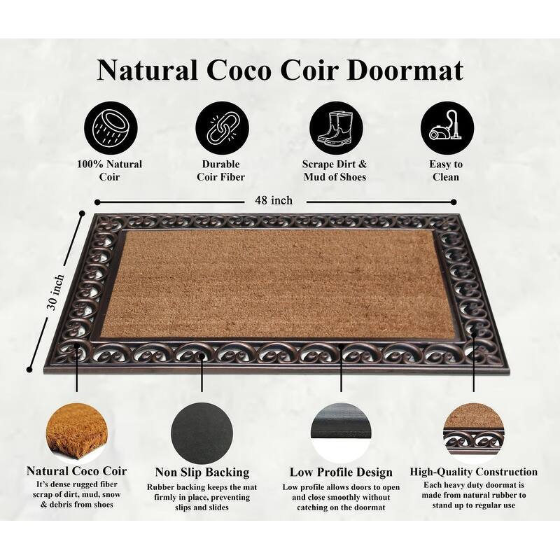 A1HC First Impression Hand Finished Rubber and Coir Classic Paisley Border Extra Large Double Doormat (30" x 48")