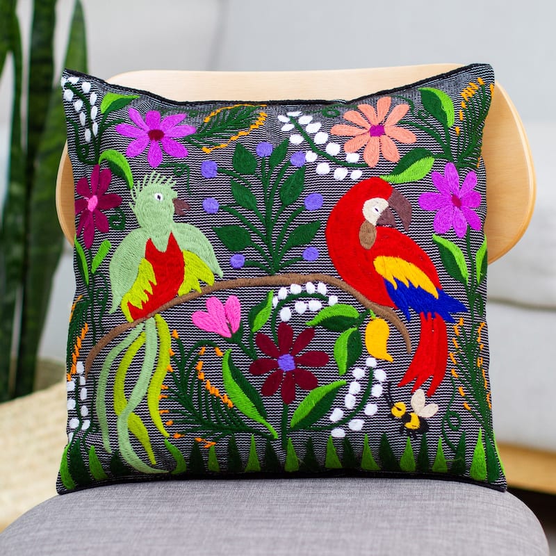 Novica Handmade Jungle Friends Embroidered Cotton Cushion Cover