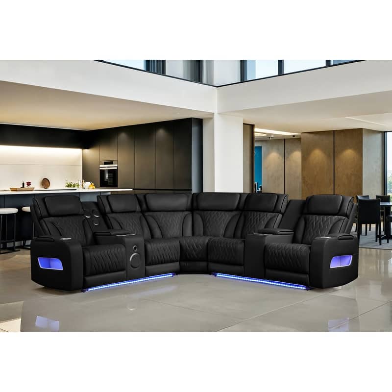 Jazz 117"W Leather Aire Power Reclining Sectional Sofa w/Power Headrest, Bluetooth Speakers, LED, USB, Storage & Cupholders