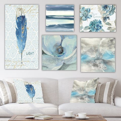 Designart "Blue Feather Collection" Traditional Wall Art set of 5 pieces - Blue
