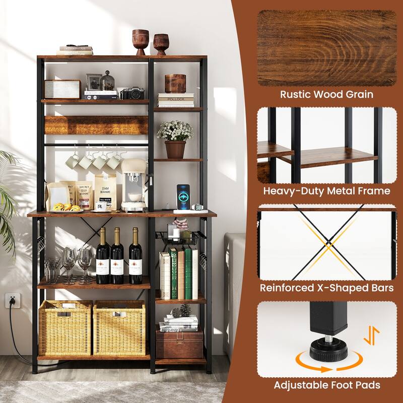 Gymax Bakers Rack w/ Power Outlet 6-Tier Microwave Stand w/ Wooden