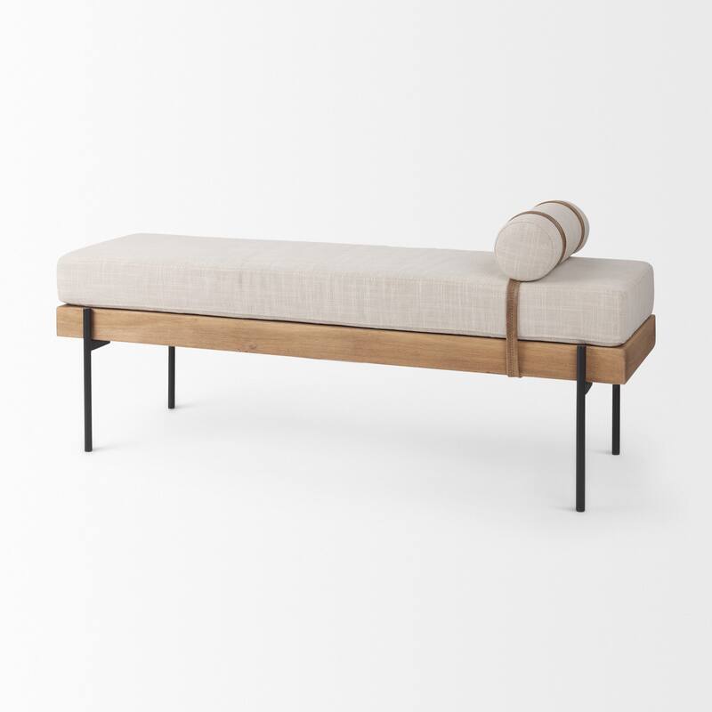 Colburne Cream Fabric Seat With Medium Brown Solid Wood Frame Accent Bench - 55.1"W x 16.1"D x 13.4"H
