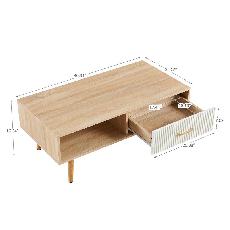 Rectangle Coffee Table with Solid Wood Legs, Sliding Drawer for Storage, Modern Table for Living Room