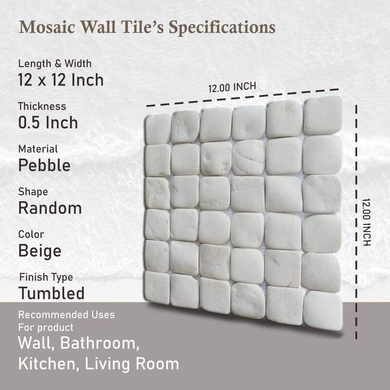 Molar 5 White Pebble Mosaic Tiles for Backsplash Kitchen and Bathroom Wall (12" X 12") 5 tiles per case - Case (5 Tiles)