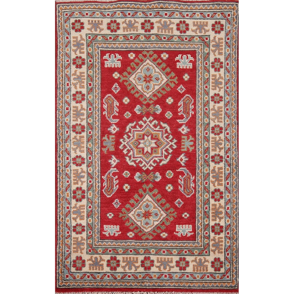 Red Kazak Rug Hand-Knotted Oriental Foyer Wool Carpet - 2'6" x 4'1"