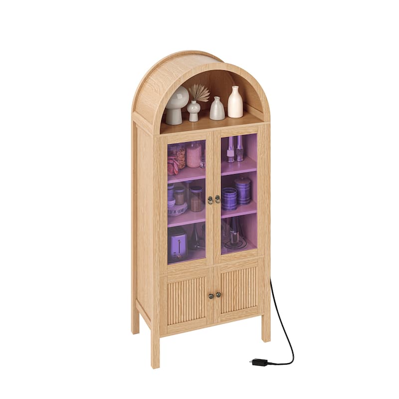 Modern 71" Tall Arched Kitchen Pantry Cabinet with LED Light,Bookcase Cabinet with Storage and Glass Doors