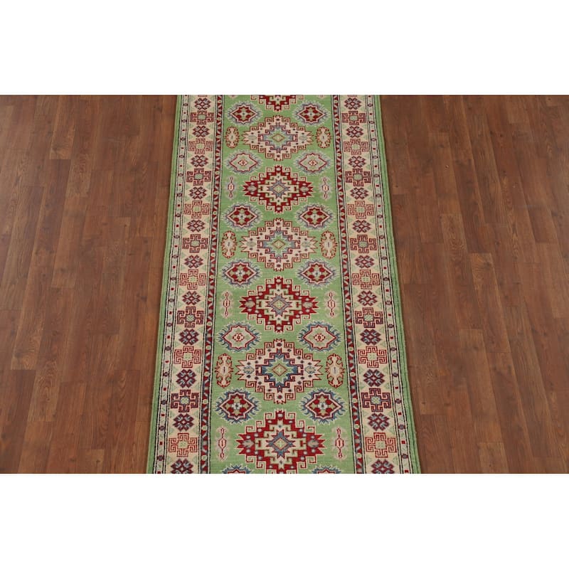 Light Green Kazak Oriental Runner Rug Hand-Knotted Wool Carpet - 2'9" x 9'7"