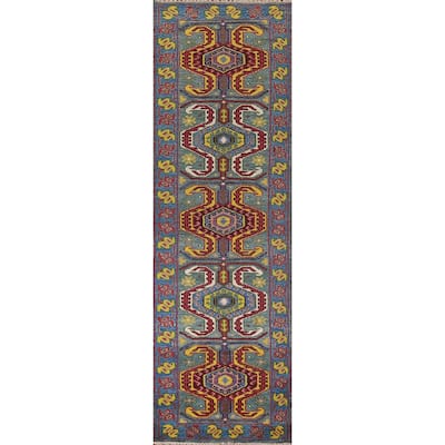 Geometric Kazak Oriental Runner Rug Hand-Knotted Wool Carpet - 2'6"x 9'9"