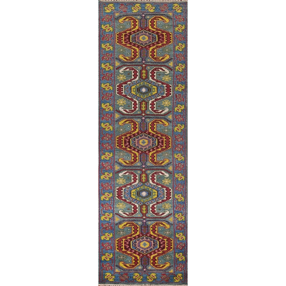 Geometric Kazak Oriental Runner Rug Hand-Knotted Wool Carpet - 2'6"x 9'9"