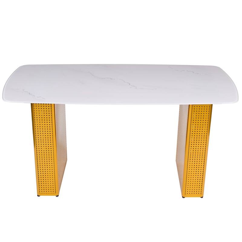 Modern Marble-Patterned Tempered Glass Dining Table, Rectangular Kitchen Table with Dual-Pedestal Metal Base