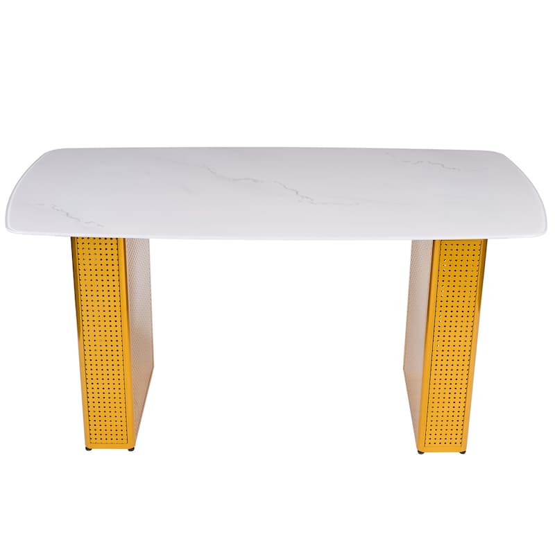 Modern Rectangular Tempered Glass Dining Table, Marble-Patterned Design with Gold Dual-Pedestal Metal Base for Dining Room
