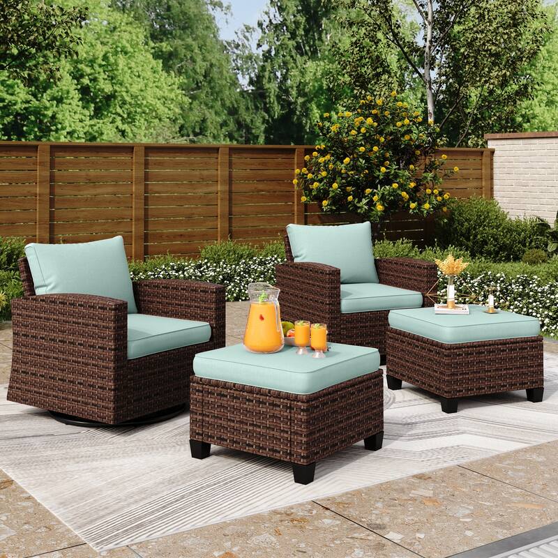 MAISON ARTS 7-Seat Patio Furniture Wicker Conversation Set with 2 x Swivel Glider Sofa Chairs, 3-seat Sofa and Ottoman - Lake Blue- 4 Seat