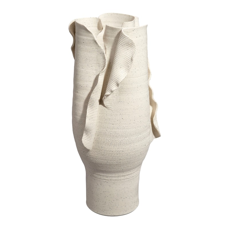 Tio Modern Vase Vessel, Flowing Petal Folds, White Porcelain 19 Inch