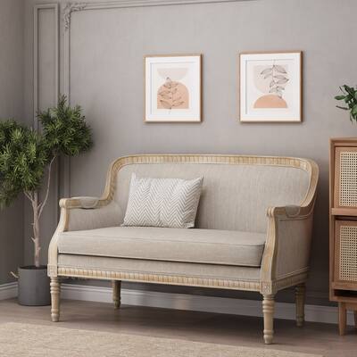 Beige Brown 49.75" Wood Loveseat Sofa with Rubbey Wood Frame and Wood Legs for Living Room