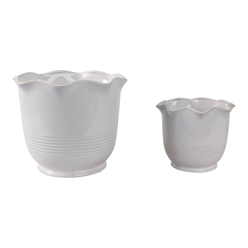 Ceramic Planter Ruffle Edge Home Garden Use (Set of 2) - 10", 7" Ivory - 11" x 11" x 9.5" - Ivory - 11" x 11" x 9.5"