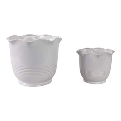 Ceramic Planter Ruffle Edge Home Garden Use (Set of 2) - 10", 7" Ivory - 11" x 11" x 9.5"