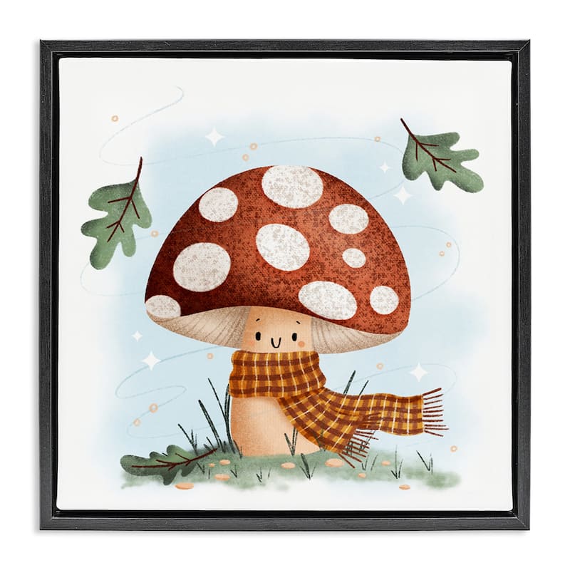 Stupell Happy Mushroom in Scarf Framed Floater Canvas Wall Art Design By Sarah Hickman - 18 x 18 - Black
