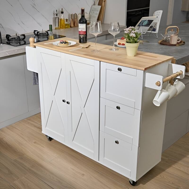 White Wood Kitchen Island Cart with Drop Leaf, Storage and Wheels - 45.3” L x 26.7” W x 39” H