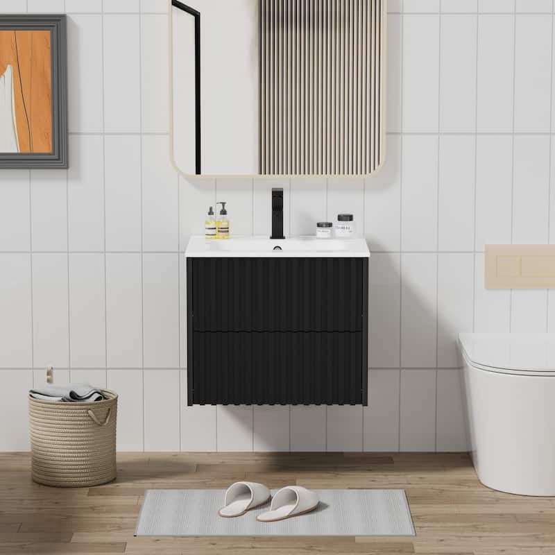 Wall Mounted Bathroom Vanity Set Mid-Century Storage Cabinet with Ceramic Sink - 24 in - Black