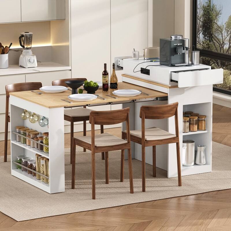 57.7" Kitchen Island with Extendable Top on Wheels, Kitchen Dining Table, Bar Table with Drawers and Power Outlet