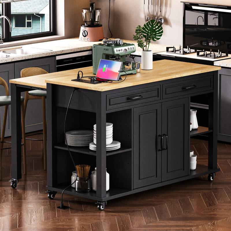 Roomfitters 47" Kitchen Island with Slide-Out Dining Table, Mobile Cart with Built-in Outlets, Internal Racks, Black