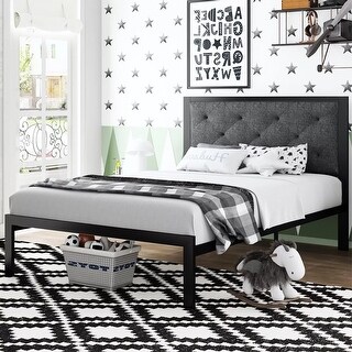 Twin Metal Platform Bed Frame Upholstered Button Tufted Headboard - Bed ...