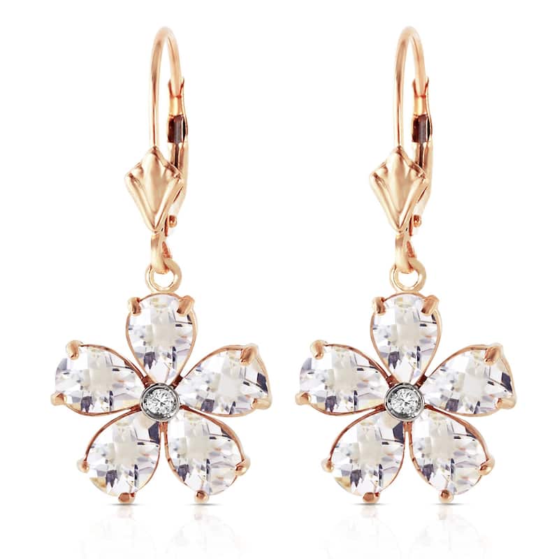 14K Solid Gold Leverback Gemstone Earrings w/ Rose Topaz & Diamond
